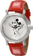 🕰️ часы disney для женщин w001866 с микки маусом и серебристым цветом: стильный аксессуар с красным искусственным кожаным ремешком. логотип