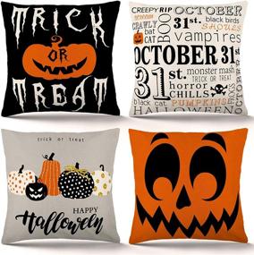 img 4 attached to 🎃 ZJHAI Halloween Pillow Covers 18x18 Inch Set of 4 - Trick or Treat Pumpkin Pillow Covers for Sofa Couch - Rustic Linen Holiday Pillow Case - Halloween Decorations Throw Pillow Covers