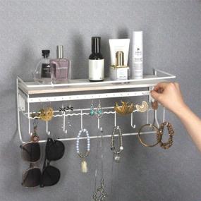 img 1 attached to 🔗 White Metal Wall Mount Hanging Jewelry Organizer with 9 Hooks, Wood Shelf for Necklace, Earring, Bracelet, Sunglass Holder - JackCubeDesign MK237D