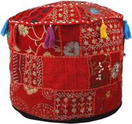 🪑 aakriti gallery indian pouf footstool: ethnic embroidered cover for cotton round ottoman - red, 18x13 logo