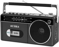 grey victrola mini bluetooth boombox: cassette player, recorder, am/fm radio logo