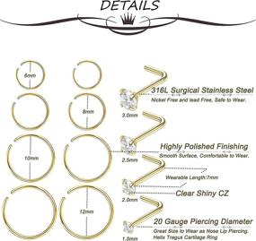 img 2 attached to 👃 Masedy Nose Rings: 12Pcs 20G Stainless Steel L-Shaped Studs for Cartilage, Tragus & Septum Piercing – 6-12MM Range