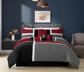 img 4 attached to Chezmoi Collection King Size Red/Gray/Black 7-Piece Quilted Patchwork Comforter Set