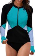 aleumdr women's color block print rashguard tankini swimsuit with zip front and long sleeves (no bottom) logo