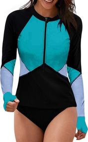 img 4 attached to Aleumdr Women's Color Block Print Rashguard Tankini Swimsuit with Zip Front and Long Sleeves (No Bottom)