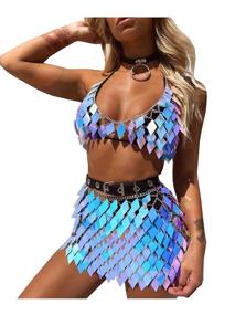 img 4 attached to Fstrend Blue Boho Sequins Tassels Body Chain Gold Bra Skirts Set Sexy Bikini Rave Festival Party Beach Fashion Clubwear Accessories Jewelry for Women and Girls