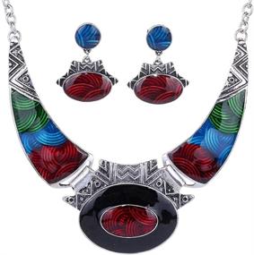 img 4 attached to 💃 YAZILIND Ethnic Color Embossed Oval Gang Bib Collar Jewelry Set for Women, including Earrings and Necklace