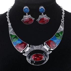 img 3 attached to 💃 YAZILIND Ethnic Color Embossed Oval Gang Bib Collar Jewelry Set for Women, including Earrings and Necklace
