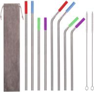 metal drinking straws set of 8 - reusable stainless steel straws with silicone tips and cleaning brushes for 20 oz, 30 oz yeti tumbler, rambler, rtic, ozark trail logo