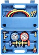 🔧 3-way ac diagnostic manifold gauge set for efficient freon charging: compatible with r134a r12 r22 and r502 refrigerants. includes 3ft hose, acme tank adapters, quick couplers, and can tap logo