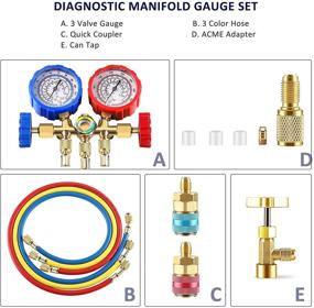 img 2 attached to 🔧 3-Way AC Diagnostic Manifold Gauge Set for Efficient Freon Charging: Compatible with R134A R12 R22 and R502 Refrigerants. Includes 3FT Hose, Acme Tank Adapters, Quick Couplers, and Can Tap