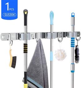 img 3 attached to 🧹 WELLIN Stainless Steel Broom Mop Holder Wall Mount - 16" Installation, 3 Racks 4 Hooks, Organizer for Bathroom, Kitchen, Office, Closet, Garden - Upgraded 2020 Version