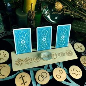 img 2 attached to OKDOKEY Wooden Tarot Card Holders - Handmade Stands for Witch Divination Tools, Majic Ceremonial, Altar Decor, Wiccan Ritual Supplies (2pc Seven Chakras Cards Stand, 5"-10")