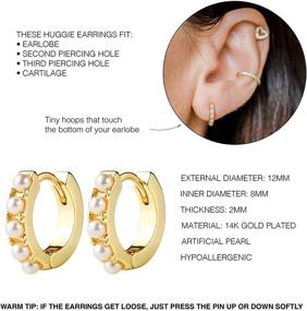 img 3 attached to LAVLA Small Pearl Hoop Earrings - Elegant 14k Gold Plated CZ Baquette Huggies for Women and Teens