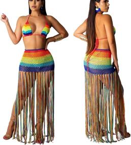 img 2 attached to 👙 Stylish Beach Cover-ups for Women: Summer 2 Piece Outfit with Crochet Mesh Fishnet Bikini Top and Maxi Skirt Set