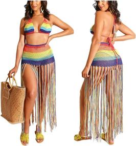 img 1 attached to 👙 Stylish Beach Cover-ups for Women: Summer 2 Piece Outfit with Crochet Mesh Fishnet Bikini Top and Maxi Skirt Set