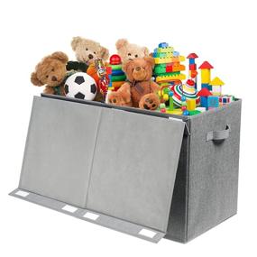 img 4 attached to Foldable Large Kids Toy Chest with Flip-Top Lid | Grey Decorative Storage Box with Durable Handles | Nursery & Home Organization | 24.5x13x16 Inches