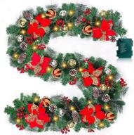 🎄 9 foot christmas garland decoration with 100 led lights, timer, 8 modes, snowy bristle pine, poinsettias, balls, pinecones, red berries - battery operated xmas decor for indoor home mantle fireplace logo