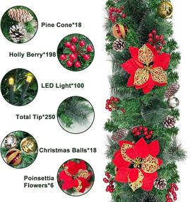 img 3 attached to 🎄 9 Foot Christmas Garland Decoration with 100 LED Lights, Timer, 8 Modes, Snowy Bristle Pine, Poinsettias, Balls, Pinecones, Red Berries - Battery Operated Xmas Decor for Indoor Home Mantle Fireplace