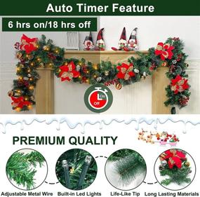 img 1 attached to 🎄 9 Foot Christmas Garland Decoration with 100 LED Lights, Timer, 8 Modes, Snowy Bristle Pine, Poinsettias, Balls, Pinecones, Red Berries - Battery Operated Xmas Decor for Indoor Home Mantle Fireplace