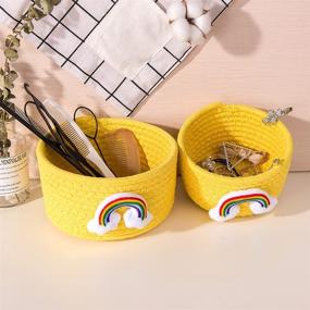 img 1 attached to 🌈 Set of 2 Mini Rainbow Woven Baskets - Round Cotton Rope Storage Bins for Nursery Room, Kids Toys, Snacks, Keys - XS Yellow