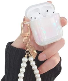 img 4 attached to Чехол для AirPods Ownest с жемчужным брелоком, блестящим радужным глиттером, милый чехол для девочек и мальчиков - жесткий чехол для Airpods 2 и 1, милый для Airpods - белый