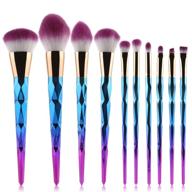 🦄 unicorn shiny gold diamond makeup brush set - professional 10 pcs foundation blending blush eye face brushes in blue for liquid, powder, and cream cosmetics logo