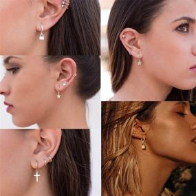 img 3 attached to 🌙 Dainty Dangle Hoop Earrings Set: Women's Charm Huggie Hoops with Cute Butterfly, Moon, Star, Lock, Cross, Snake – Mini Earrings in Gold/Silver