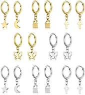 🌙 dainty dangle hoop earrings set: women's charm huggie hoops with cute butterfly, moon, star, lock, cross, snake – mini earrings in gold/silver logo