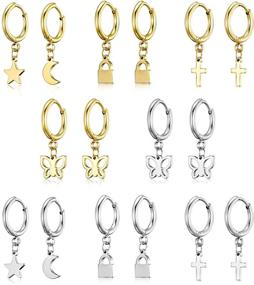 img 4 attached to 🌙 Dainty Dangle Hoop Earrings Set: Women's Charm Huggie Hoops with Cute Butterfly, Moon, Star, Lock, Cross, Snake – Mini Earrings in Gold/Silver