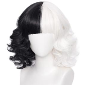 img 4 attached to 👩 2021 Women & Girls Short Black and White Curly Wavy Wig with Bangs - Lolita Bob Cosplay Halloween Party Wigs with Cap