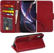 👛 arae wallet case for iphone xr - stylish wine red flip case with stand, wrist strap, and 4-slots for id & credit cards - 6.1 inch pu leather cover logo