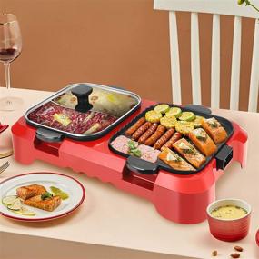 img 4 attached to 🔥 2-in-1 Electric Grill with Hot Pot: Non-Stick BBQ & Dual Temperature Control, Multifunctional Hot Pot Grill with Glass Lid (Red, 2200W, 110V)