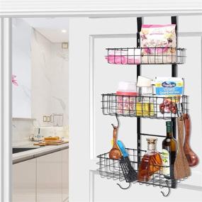 img 2 attached to 🚪 Black Heavy Duty Iron Over The Door Organizer - Detachable 3-Basket Shelf Rack for Kitchen and Bathroom Storage