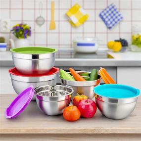 img 3 attached to 🍲 Набор из 5 чашек для смешивания из нержавеющей стали с крышками - P&P CHEF набор из 10 салатных чашек для приготовления, смешивания и сервировки - размеры 4,6, 3, 1,5, 1, 0,7 QT - ободчатые края и плоское дно.