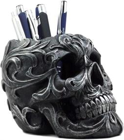 img 3 attached to 🖤 Tribal Tattoo Floral Skull Pen Holder Figurine: A Must-Have Ossuary Skulls Decor for Your Office Desktop