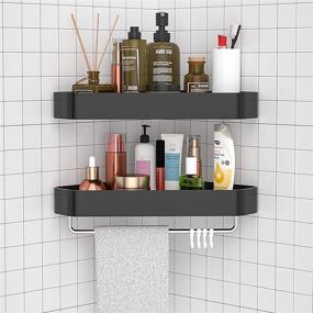 img 2 attached to 🚿 2-Pack Matte Black Corner Shower Caddy with Hooks, Towel Bar, and Adhesive Wall Mount - Bathroom/Toilet/Dorm/Kitchen Shower Organizer Basket, No Drilling Required