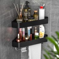 🚿 2-pack matte black corner shower caddy with hooks, towel bar, and adhesive wall mount - bathroom/toilet/dorm/kitchen shower organizer basket, no drilling required logo