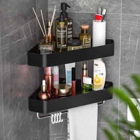 img 4 attached to 🚿 2-Pack Matte Black Corner Shower Caddy with Hooks, Towel Bar, and Adhesive Wall Mount - Bathroom/Toilet/Dorm/Kitchen Shower Organizer Basket, No Drilling Required