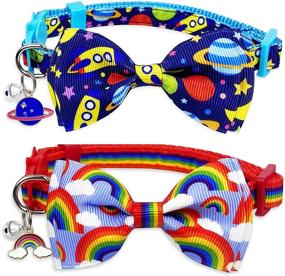 img 4 attached to 🐱 2-Pack Pohshido Cat Collar with Bow Tie and Bell, Breakaway Space and Dinosaur Collar for Male and Female Kitties, Boys, and Girls