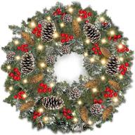 30-inch christmas wreath with lights - battery operated & pre-lit spruce wreath with timer, 80 light red berries, pine cones, snowflakes, and silver bristles (warm white) logo