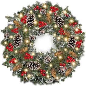 img 4 attached to 30-Inch Christmas Wreath with Lights - Battery Operated & Pre-lit Spruce Wreath with Timer, 80 Light Red Berries, Pine Cones, Snowflakes, and Silver Bristles (Warm White)