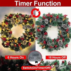 img 2 attached to 30-Inch Christmas Wreath with Lights - Battery Operated & Pre-lit Spruce Wreath with Timer, 80 Light Red Berries, Pine Cones, Snowflakes, and Silver Bristles (Warm White)