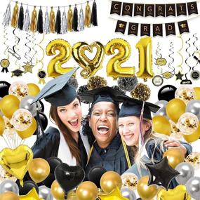 img 3 attached to 🎉 AnNido Graduation Party Supplies - 93 Pcs Graduation Decorations, Black and Gold Congrats Grad Banner, Hanging Swirls, Tissue Tassels, Pom Pom Flowers, Balloons