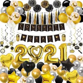 img 4 attached to 🎉 AnNido Graduation Party Supplies - 93 Pcs Graduation Decorations, Black and Gold Congrats Grad Banner, Hanging Swirls, Tissue Tassels, Pom Pom Flowers, Balloons