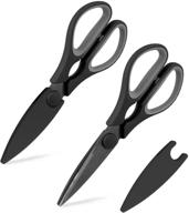 set of 2 stainless steel kitchen scissors - country kitchen shears, cooking scissors for meat, chicken, herbs, and produce with blade cover and soft-grip handles - black logo