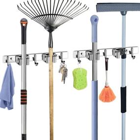 img 4 attached to 🧹 Mop and Broom Holder - Wall Mounted Stainless Steel Cleaning Tool Organizer for Long-Term Use - 11-Inch - 2 Pack, Including 4 Clips and 6 Hooks - Ideal for Home, Garage, and Garden Tool Storage