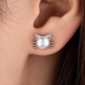 img 2 attached to 😻 Adorable WRISTCHIE 925 Sterling Silver Kitty Cat and Pearl Stud Earrings