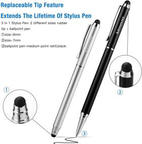 img 3 attached to 🖊️ 3-in-1 Stylus Pen for Touch Screens - Capacitive Stylus for Smartphones & Tablets (5.7 inch Length) - Includes 2 Refills + 8 Rubber Tips - Black & Silver