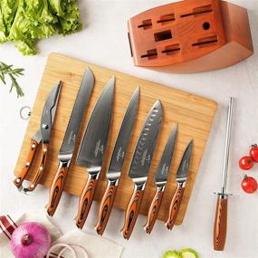 img 1 attached to 🔪 Premium Damascus Knife Set with Ergonomic Handle - 9-Piece Kitchen Knife Set with Block, Sharpener and Shears - Non-slip G10 Handle - Red Wood Block